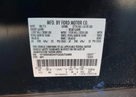 2016 Ford Explorer Xlt из США, поврежденный, VIN 1FM5K8DH7GGA72485